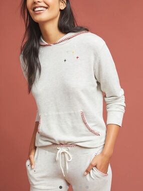 Monrow Anthropologie Stitched Hoodie Light Grey Embroidered Leisure Wear Sz S